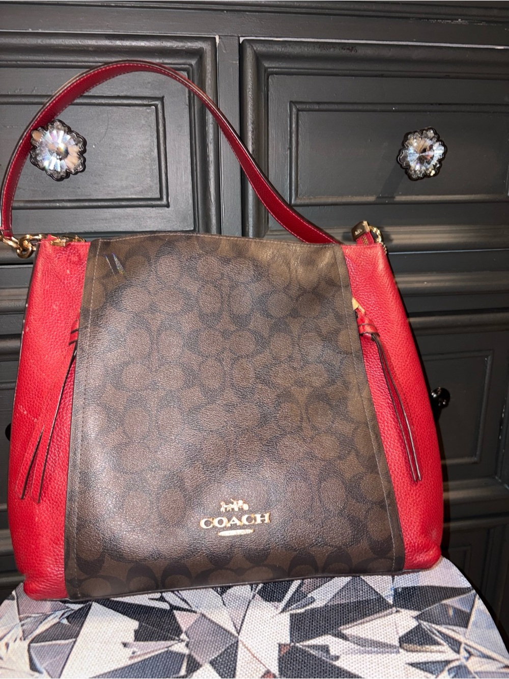 Coach Brown Monogram and Red Pebble Leather Shoulder Bag